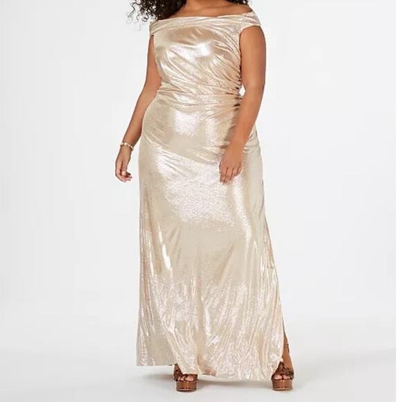 Calvin Klein Gold Metallic Sequin Off-the-Shoulder Ruched Maxi Evening Gown 16W - Picture 2 of 11